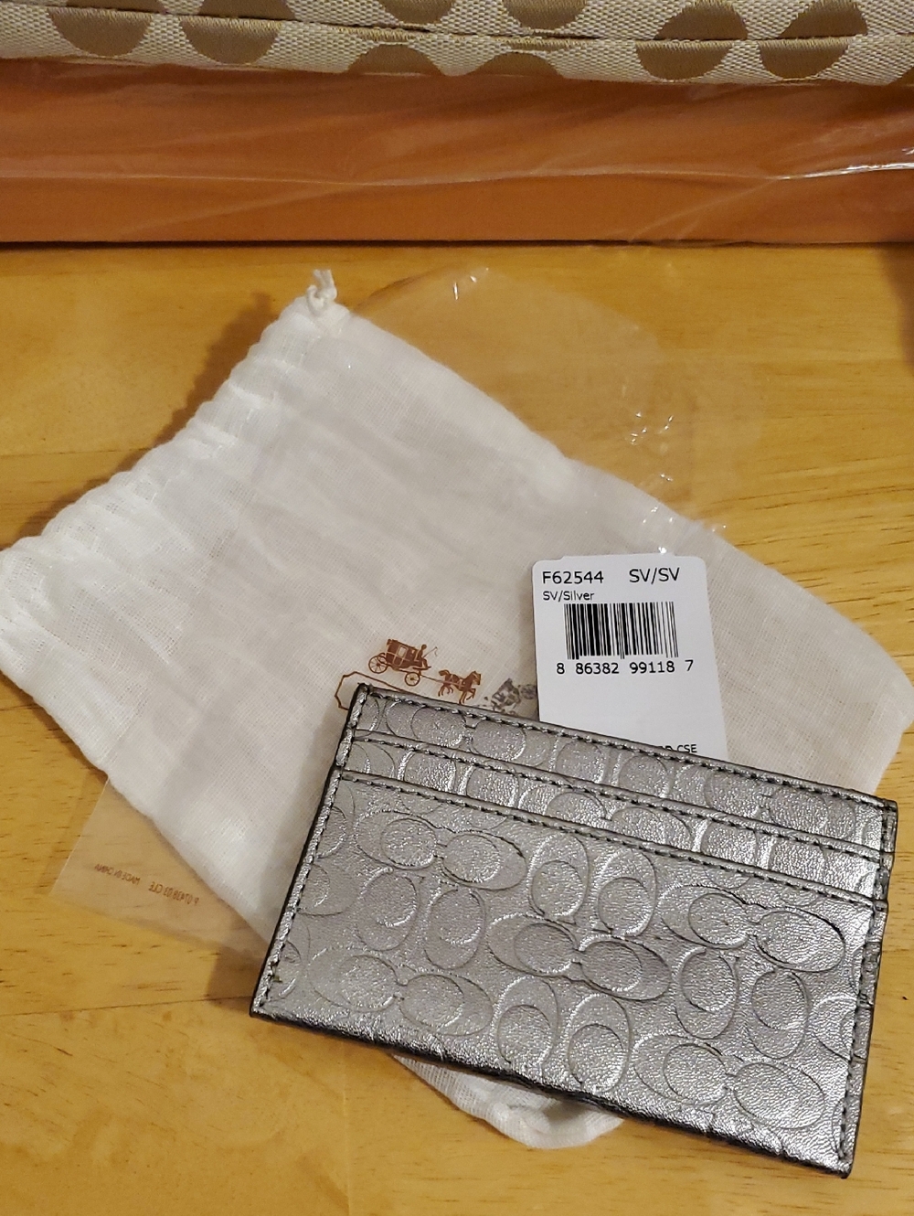 Coach Metallic Silver Embossed Glossy Cardholder Wallet & Dustbag Style# F62544